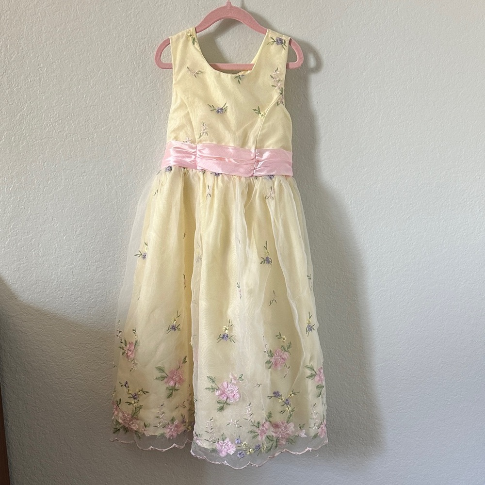 Jona Michelle Yellow Floral Tulle Dress with Pink Sash